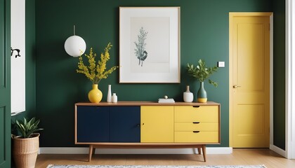Wood sideboard in green living room with copy space