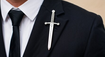 A sword shaped pin in shiny black enamel adding a unique edge to his attire