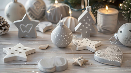 Elegant Christmas Decorations with Gray Ceramic Ornaments and Candle on Wooden Table, Holiday Season Concept