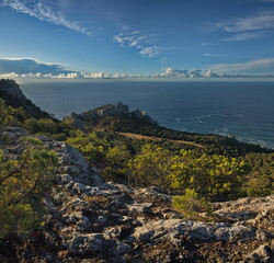 Russia, Novy Svet. Amazing dawn view from Cape Kapchik to the surrounding bay of the Crimean Peninsula.