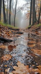 Autumn Foggy Forest Path with Puddle