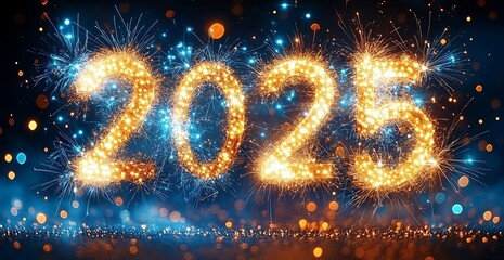 Happy New Year 2025 celebration number with sparkles on black backdrop

