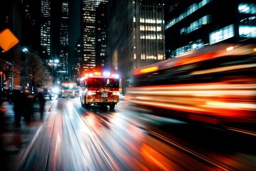 A vibrant night scene featuring a fire truck in motion amidst city skyscrapers, showcasing emergency response.
