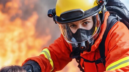 Naklejka premium Firefighter rescuing a child amidst a blazing background.