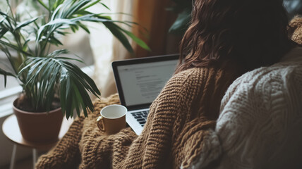  A young woman working on a laptop from her living room. She is wearing a warm sweater, with a cup of coffee beside her. The background shows a well-decorated, minimalistic space with indoor plants.