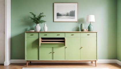 Wood sideboard in green living room with copy space
