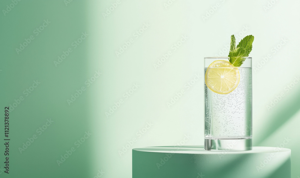 Poster refreshing sparkling water with lemon and mint on a soft green background