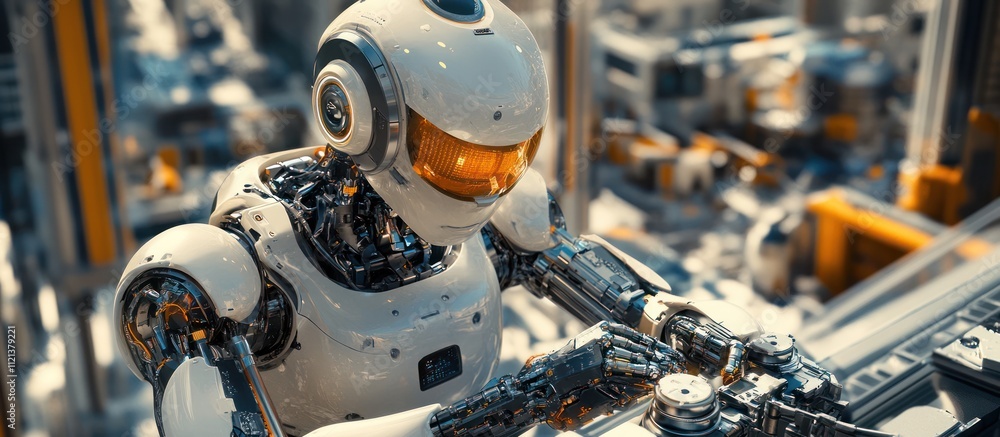 Poster a white robot with orange visor working on a machine in a factory.