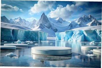 Ice background podium cold winter snow product platform floor frozen mountain iceberg. Podium glacier cool ice background stage landscape display icy stand 3d water nature pedestal arctic concept cave