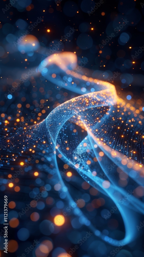 Poster flowing blue and orange particles form a dynamic wave-like pattern. concept of energy and technology