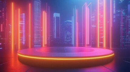 Neon city platform, futuristic stage, vibrant urban backdrop.