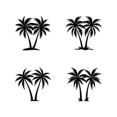 set of palm tree silhouette, black and white silhouette, vector and illustration