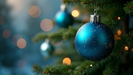 Christmas decoration, blue round garland on tree, close-up