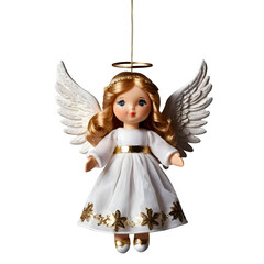 Fototapeta premium Christmas Angel Doll with Glitter Hanging Ornament Isolated Transparent Background