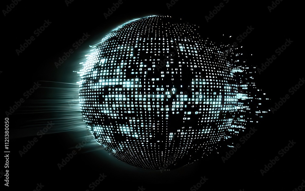 Poster abstract glowing sphere with digital data particles disintegrating.