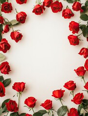 Frame made of red roses on copy space background. Flat design frame concept.