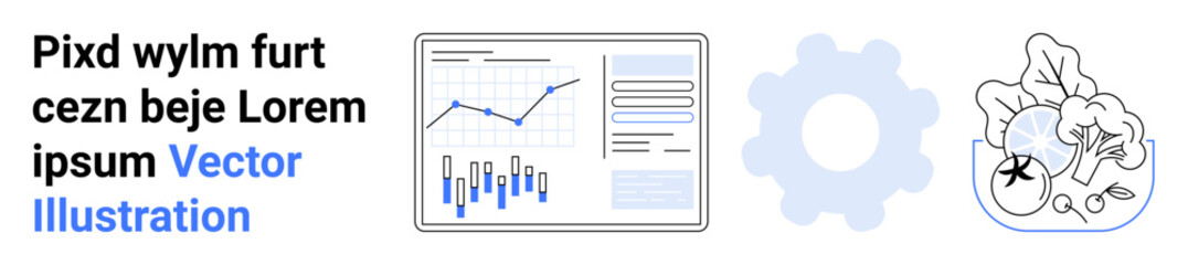 Dashboard with graphs and charts, a gear icon, and botanical elements with sample text in bold. Ideal for business analytics, SEO, technology, growth, UXUI design, agriculture, education. Landing