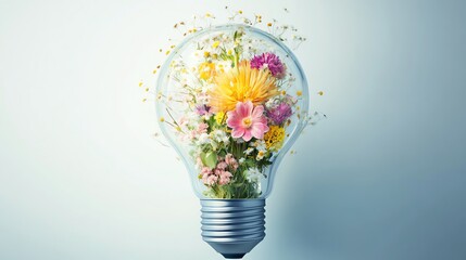 A lightbulb with flowers inside against a blue background.