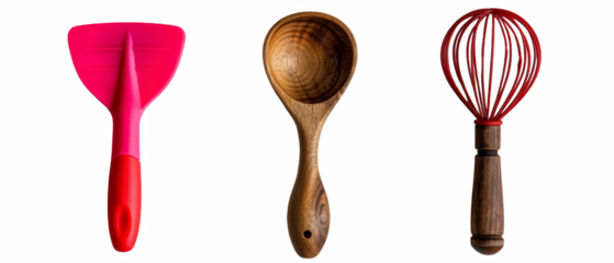 Red spatula, wooden scoop, and whisk.