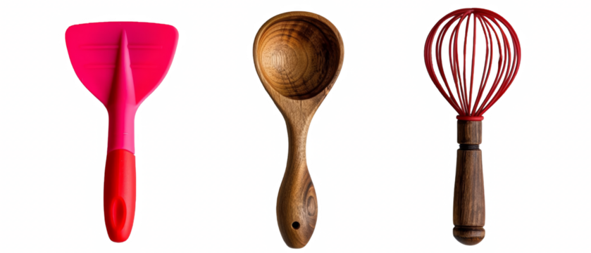 Red spatula, wooden scoop, and whisk.