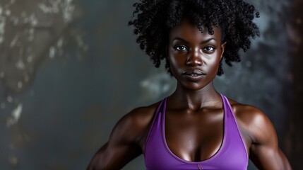 Portrait of a Fit Black Woman with Curly Hair in Athletic Wear, Standing in a Confident Pose