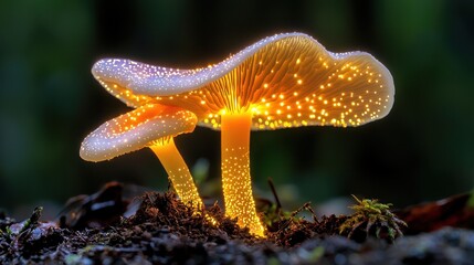 The mystical luminescent mushrooms exude an ethereal glow, with delicate spots of light that dance across their caps in an ever changing display of psychedelic fluorescent colors