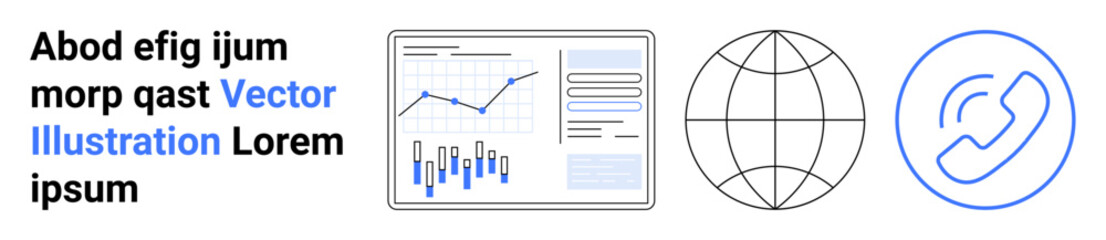 Business analytics dashboard, global connectivity globe, and communication phone icon. Ideal for business intelligence, data analysis, global communication, financial reporting, market research