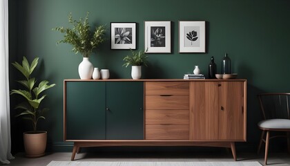 Wood sideboard in green living room with copy space