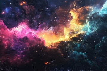 A vibrant nebula with swirling gas clouds and scattered stars