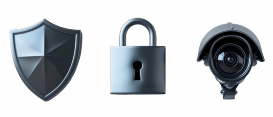Security icons shield, padlock, and CCTV camera.