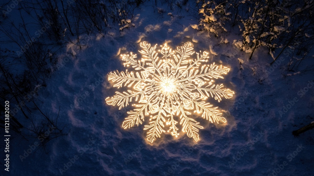 Poster intricate patterns of a single snowflake glowing against a snowy backdrop in winter twilight