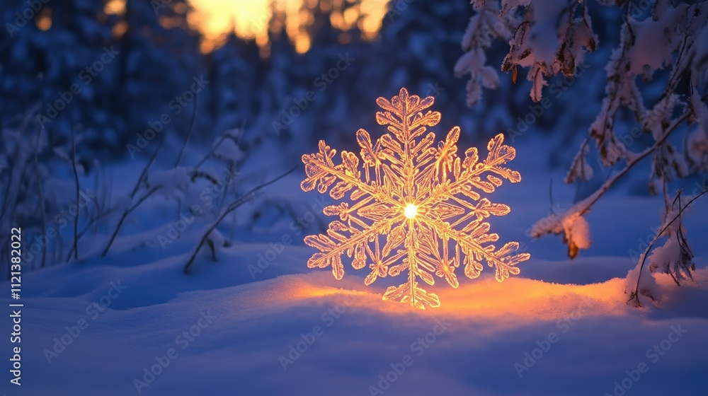 Poster intricate patterns of a single snowflake glowing against a snowy backdrop in winter twilight