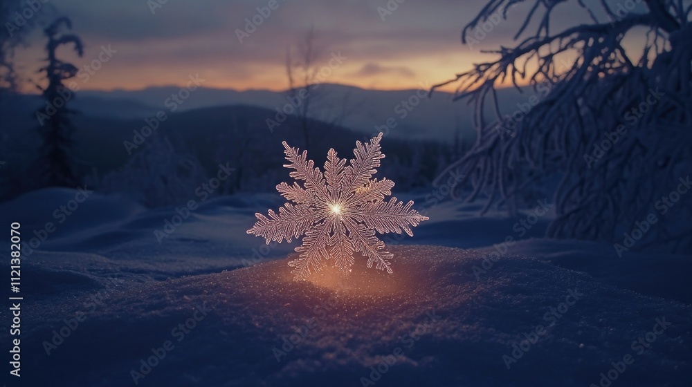 Poster intricate patterns of a single snowflake glowing against a snowy backdrop in winter twilight
