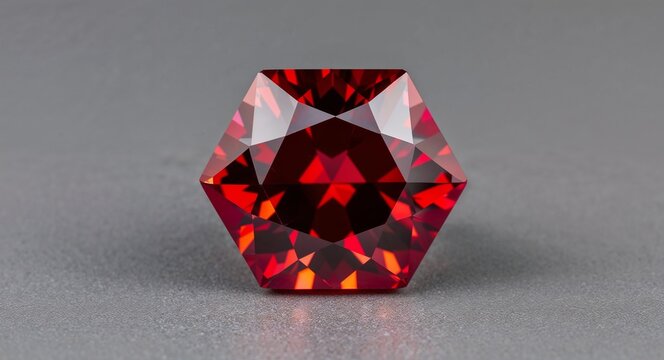 Hexagon red ruby vibrant fiery sparkle multifaceted brilliance on a soft gray background