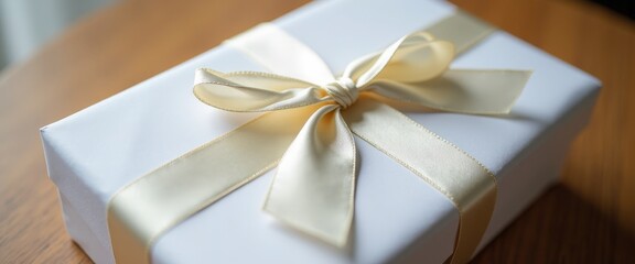 Close-up of a Beautifully Wrapped Wedding Gift with White Paper and a Satin Ribbon for a Perfectly Elegant Presentation