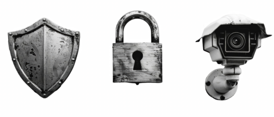 Security system concept shield, padlock, and surveillance camera.