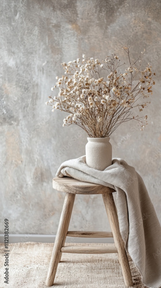 Aufkleber a serene composition showcases a rustic stool with a simple vase holding delicate dried flowers. sof