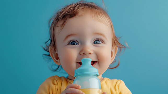 Happy baby enjoying milk from a bottle with bright blue background, smiling joyfully with big expressive eyes in adorable yellow outfit