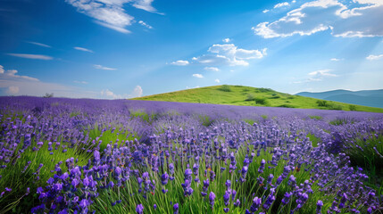 landscape of green fields with flower meadows with beautiful clouds floating over blue sky illustrating elements of natural beauty