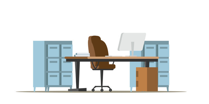 Office desk with chair, open laptop, cabinets and books on table. Home office interior design. Modern business workplace. Flat vector illustration.
