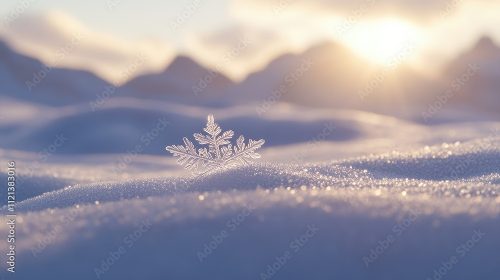 Poster macro shot of a snowflake resting on a pristine snowdrift, sparkling in soft winter light