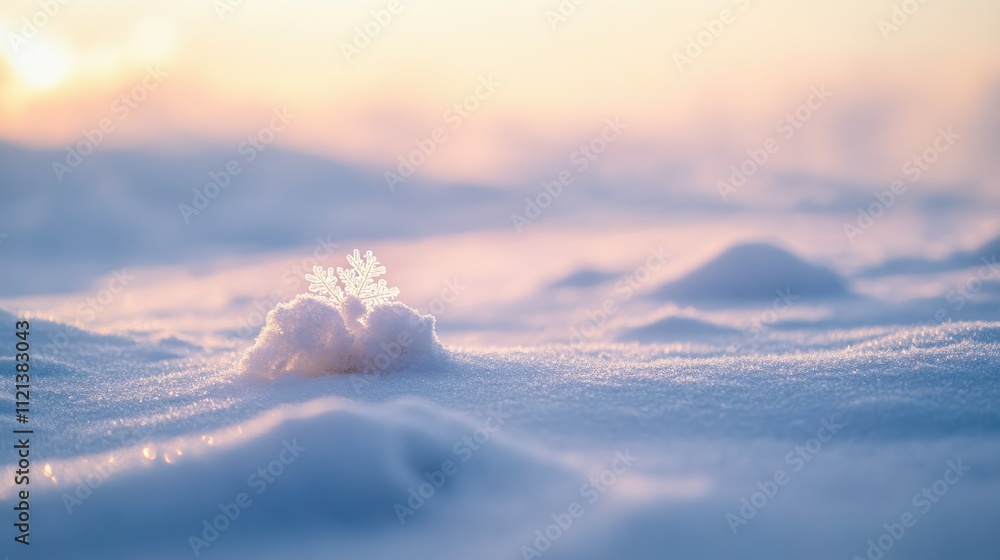 Poster macro shot of a snowflake resting on a pristine snowdrift, sparkling in soft winter light