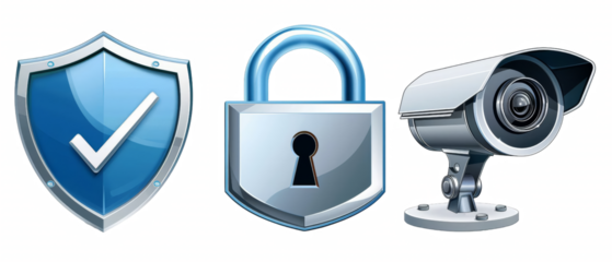Security system icons shield, padlock, and surveillance camera.