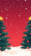 Obraz premium Festive pathway adorned with Christmas trees under a canopy of snowfall and glowing yellow stars against a vivid red background