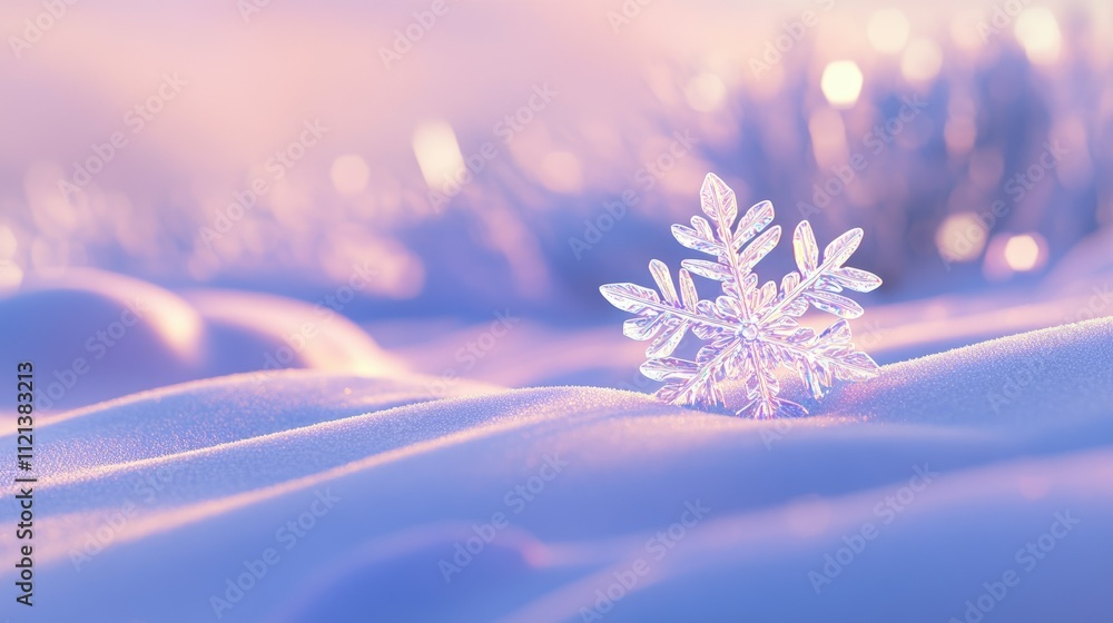 Poster macro shot of a snowflake resting on a pristine snowdrift, sparkling in soft winter light