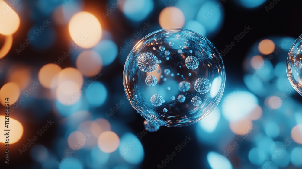 Poster macro shot of translucent blue spherical cells, highlighted with a soft glow and blurred backdrop, e