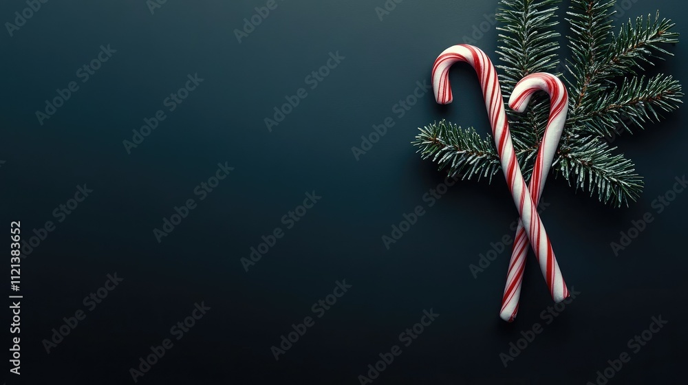 Poster minimal holiday concept featuring candy canes and a tiny tree, artfully arranged on a dark gradient 