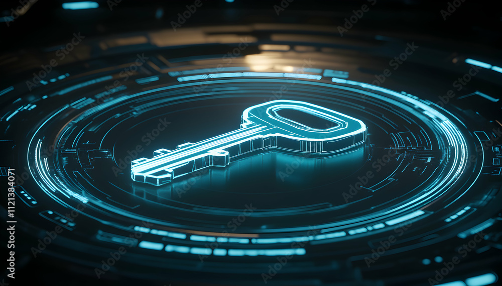 Poster futuristic glowing key on a digital interface; cybersecurity, access, technology, and data security 