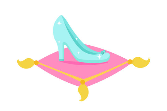 Princess shoe. Cinderella`s crystal shoe on pink pillow. Cartoon vector illustration.