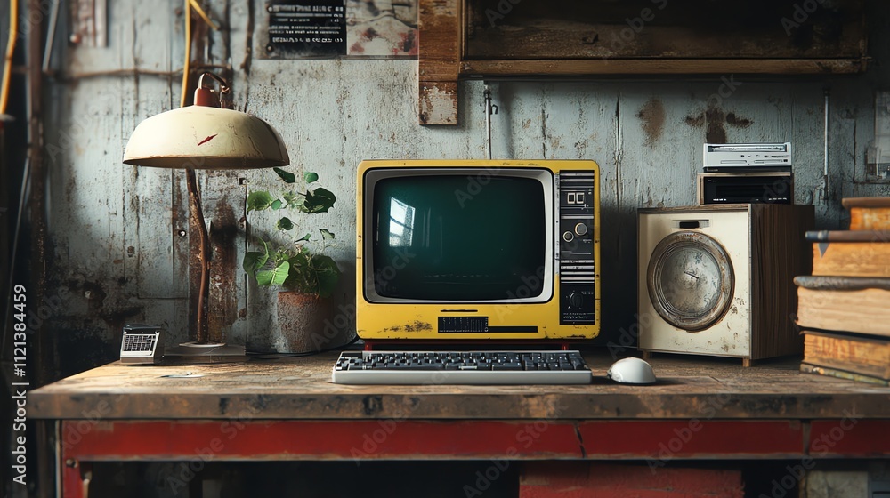 Poster vintage computer setup with a yellow monitor, keyboard and mouse.